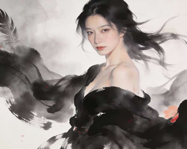 Digital Painting of East Asian Woman in Sumi-e Style