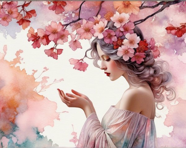 Serene Woman with Cherry Blossom Crown and Pastel Hues
