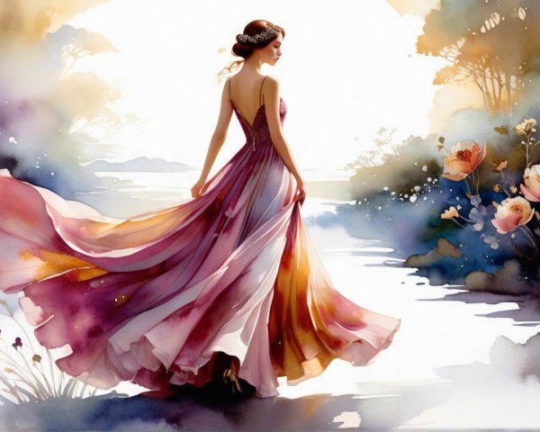 Elegant Woman in Flowing Dress with Watercolor Flowers