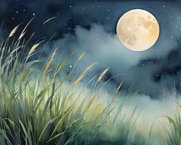 Serene Night Scene with Full Moon and Gentle Grasses