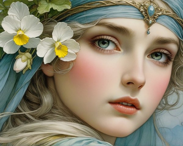 Young Woman with Green Eyes and Flowing Headscarf