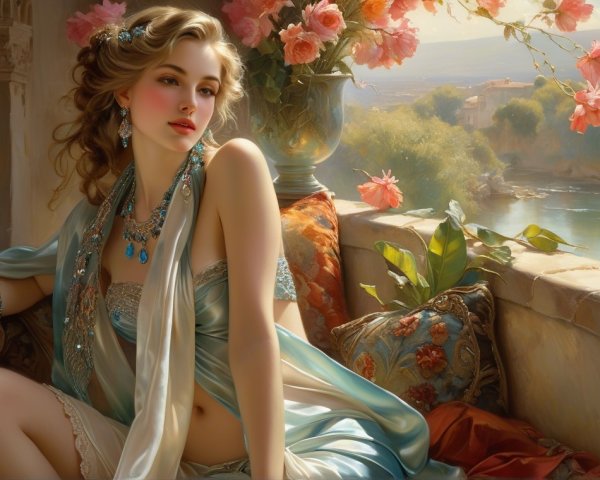 Serene Woman by Flowered Window with River View