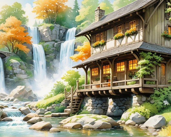 Hillside Cottage by River with Waterfalls and Trees