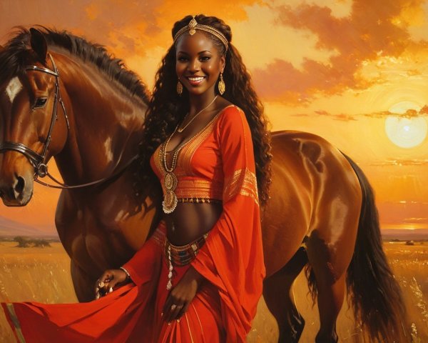 Woman in Red Attire with Horse at Sunset Landscape