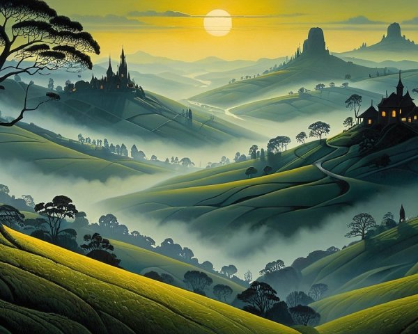 Serene landscape with golden sunrise and castles