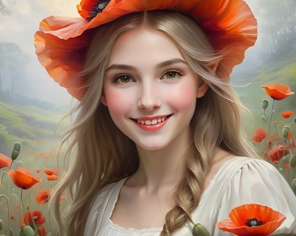 Young woman in poppy hat in blooming meadow