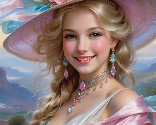 Young Woman in Elegant Pink Hat with Castle Background
