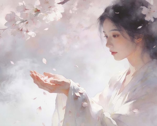 Digital watercolor painting of a woman with petals