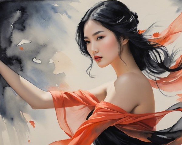 Ethereal Woman in Red Against Soft Abstract Background