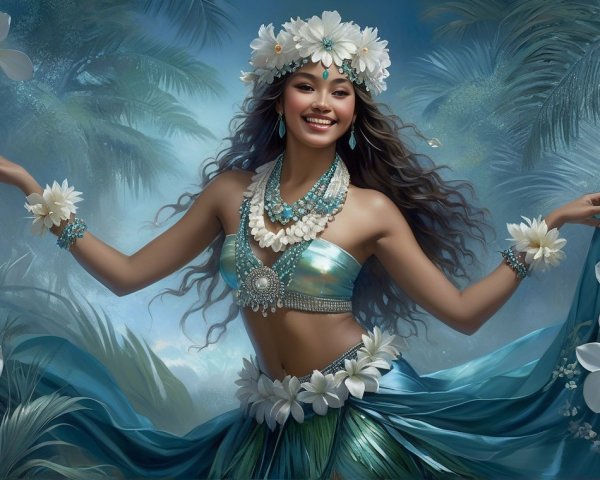 Joyful Hula Dancer in Turquoise Skirt and Floral Accents