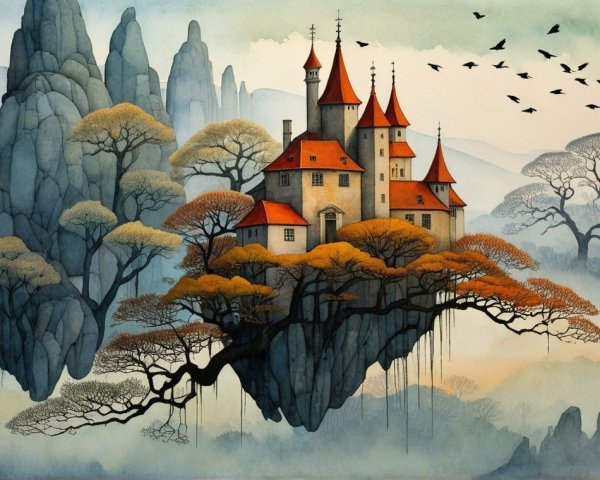Whimsical Castle on a Floating Island with Autumn Foliage