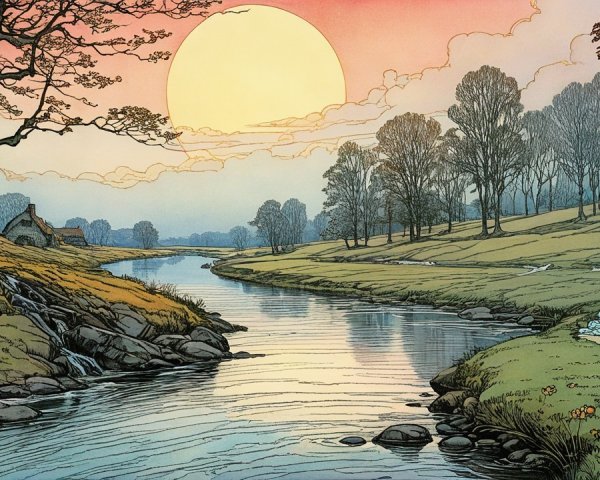 Tranquil River Landscape with Autumn Colors and Companionship