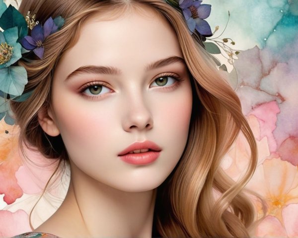Close-Up Portrait of a Young Woman with Flowers
