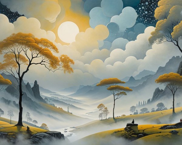 Serene landscape with misty hills and golden trees