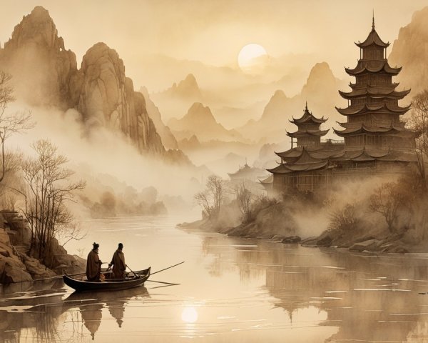 Serene Dawn Landscape with Mountains and Pagoda