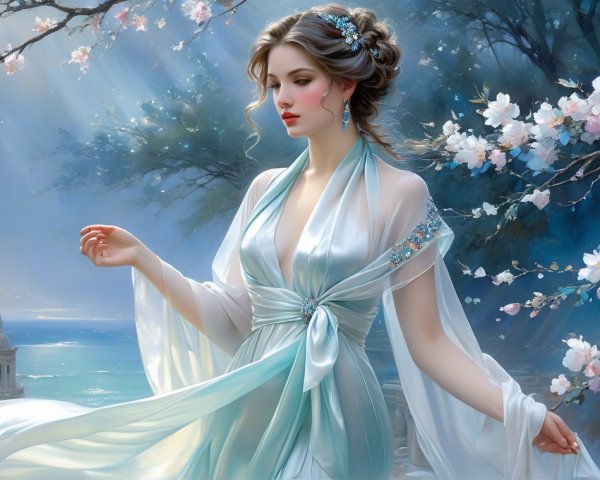 Serene Figure in Ethereal Light and Tranquil Landscape