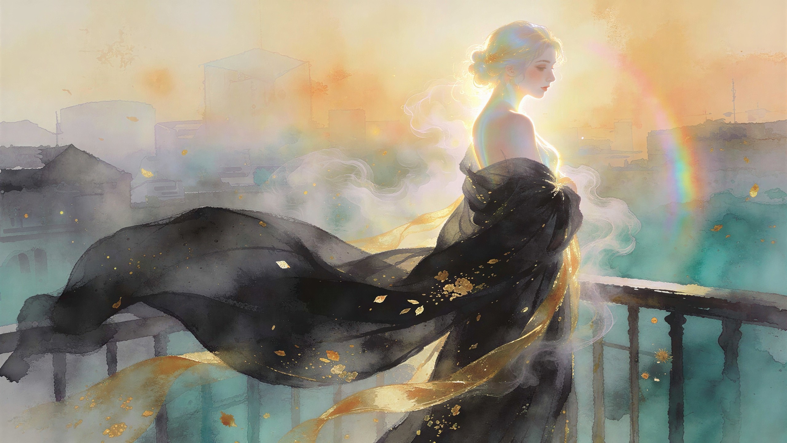 Watercolor Illustration of a Woman on a Balcony at Sunset