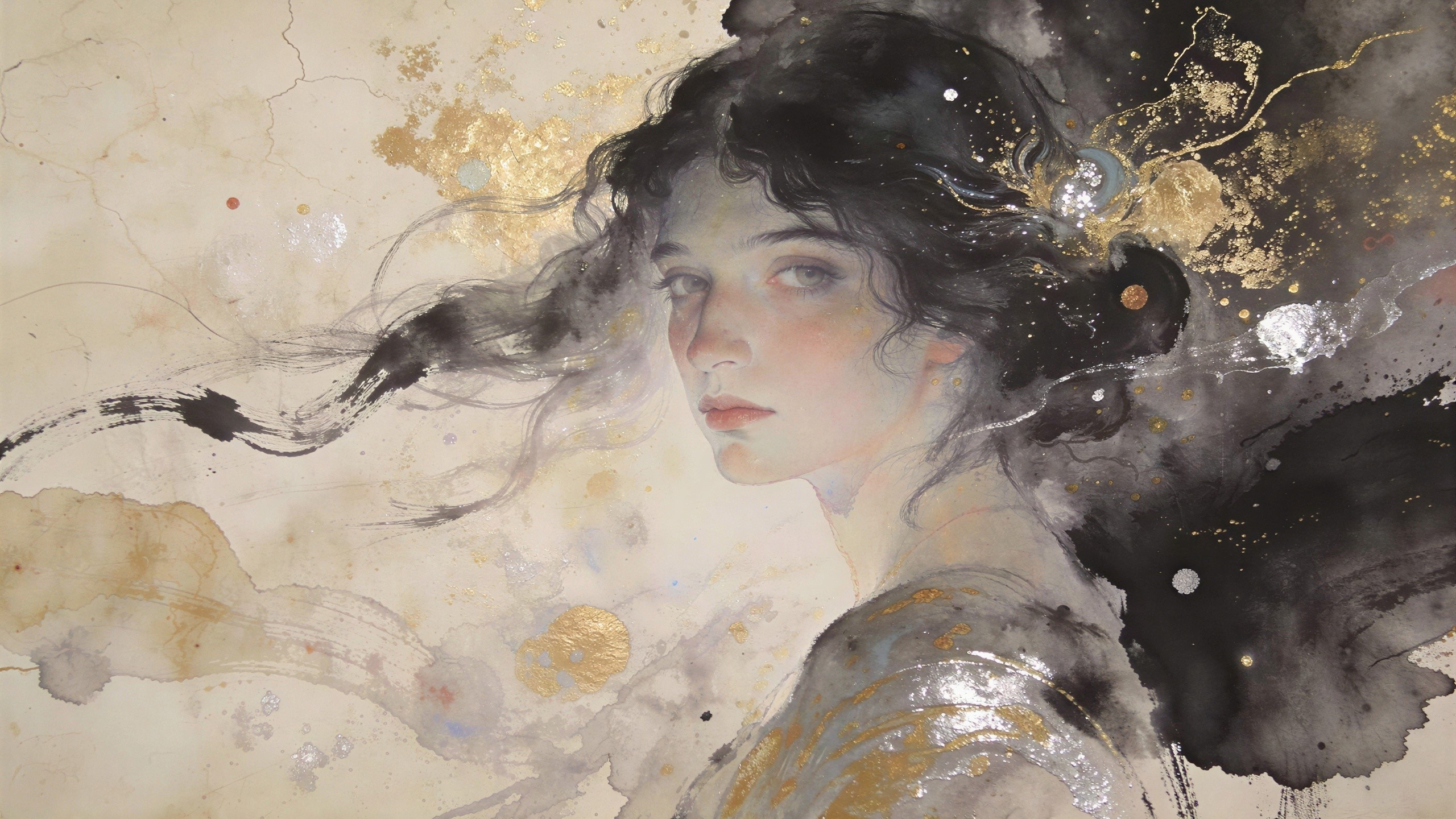 Watercolor portrait of a woman with fair skin and dark hair