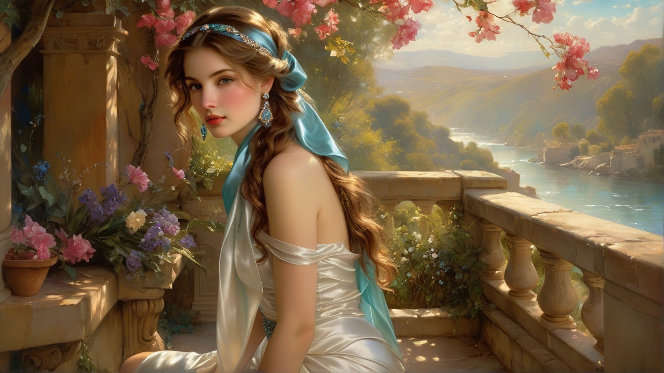 Young woman in white gown amid serene nature backdrop