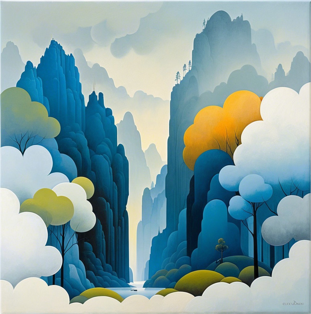 Serene Landscape with Stylized Blue Mountains and Stream