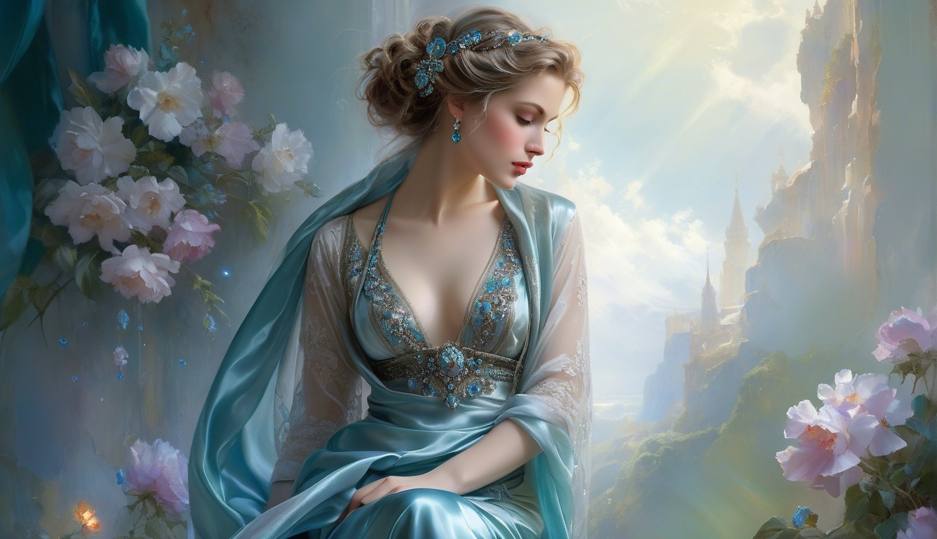 Serene figure in blue gown amid flowers and light