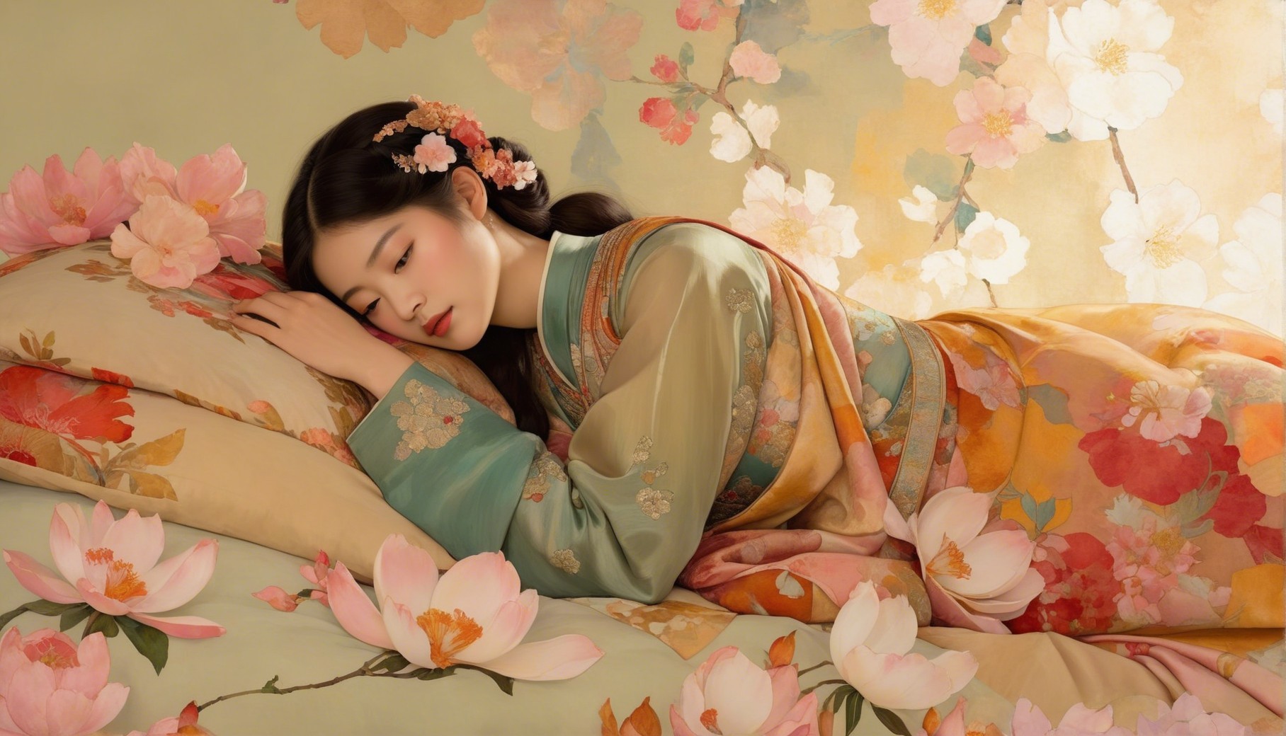 Young Woman in Kimono Surrounded by Flowers