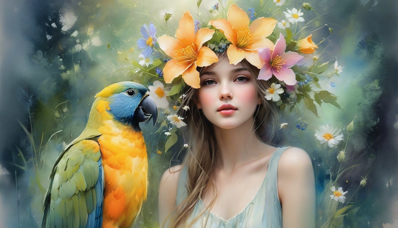 Young Woman with Flower Crown and Colorful Parrot