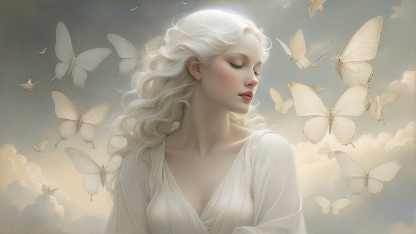 Serene Woman with White-Blonde Hair and Butterflies