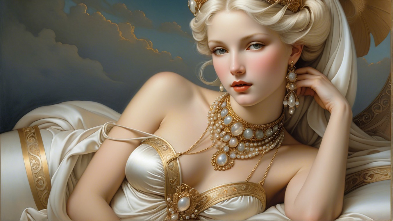 Elegant Woman in Gown Against Cloudy Background