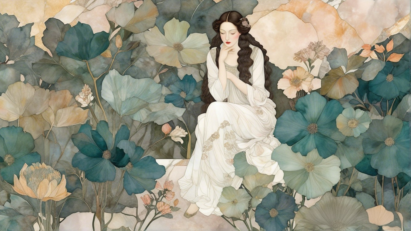 Serene Scene of Woman in White Dress Among Flowers