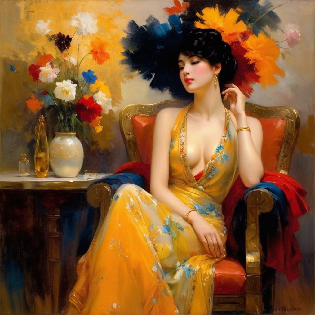 Woman in Yellow Floral Dress in Ornate Chair