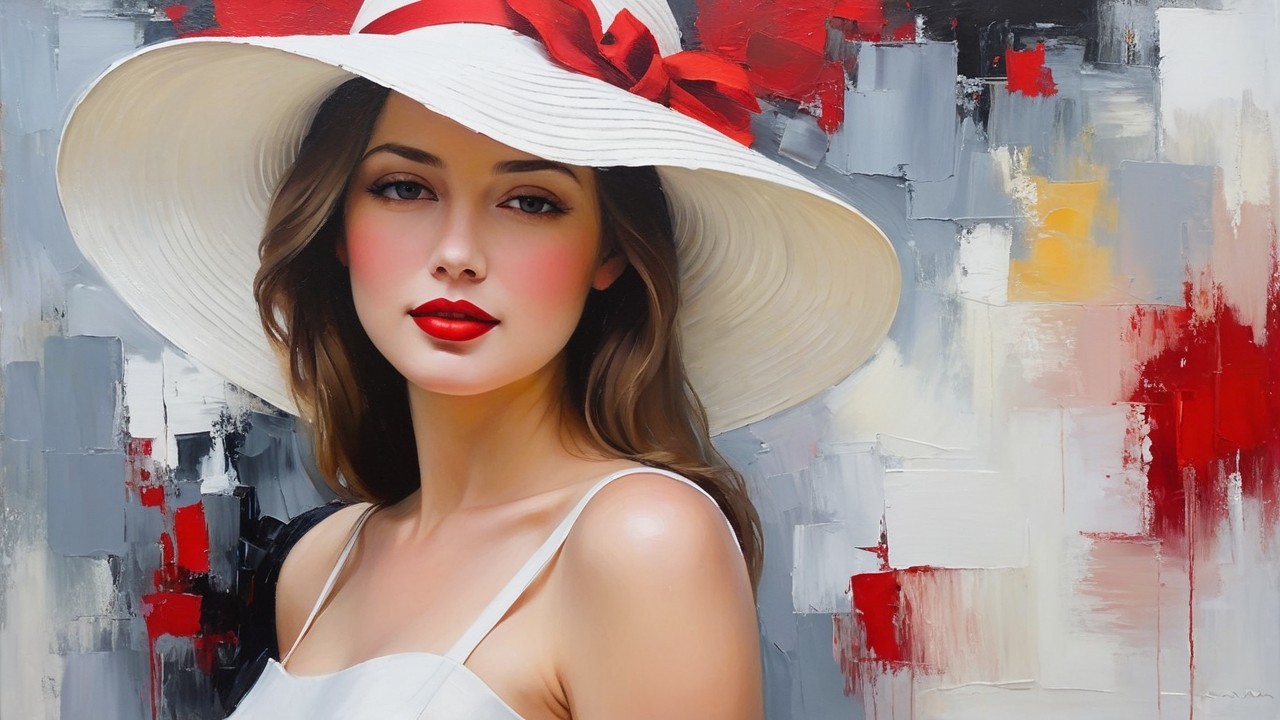 Elegant Woman in Wide-Brimmed Hat with Abstract Background