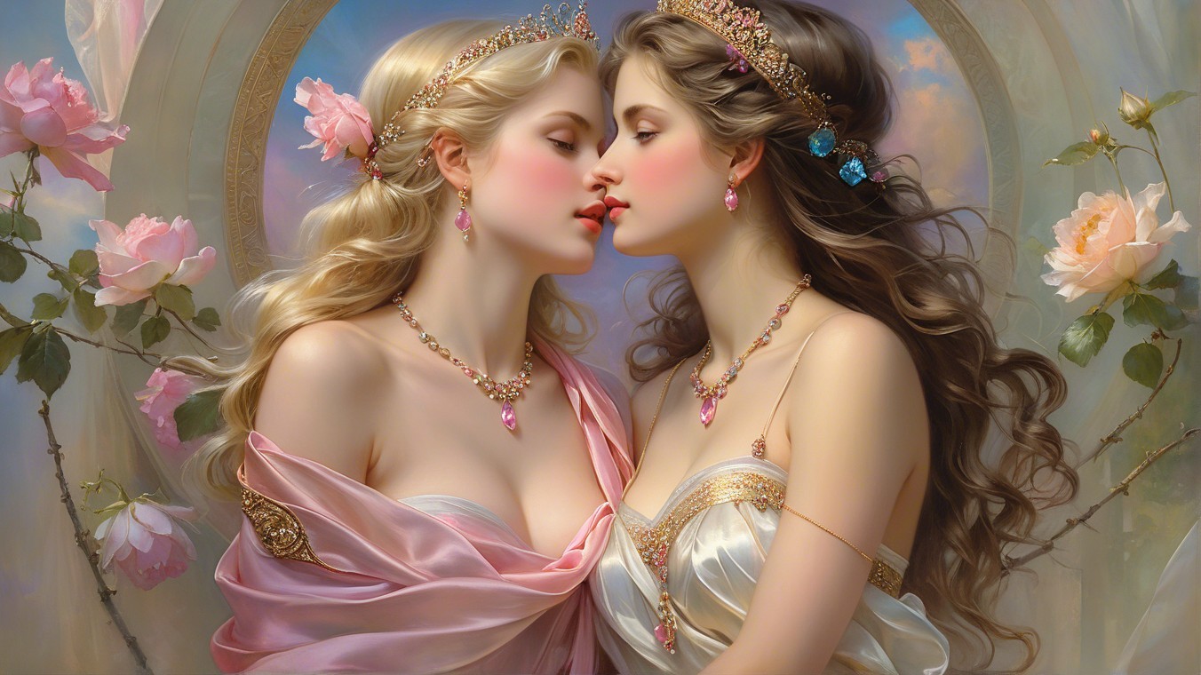 Elegant women in gowns with roses in pastel setting