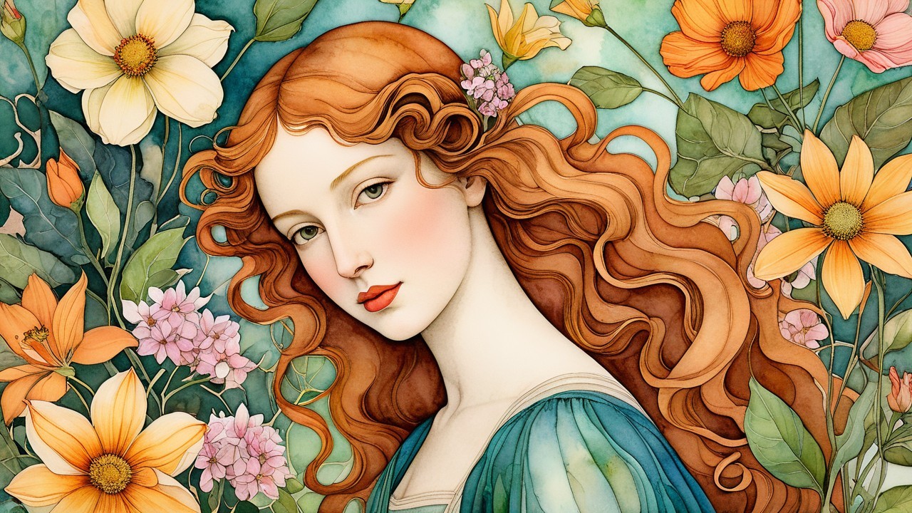 Serene Young Woman Amidst Vibrant Flowers and Nature