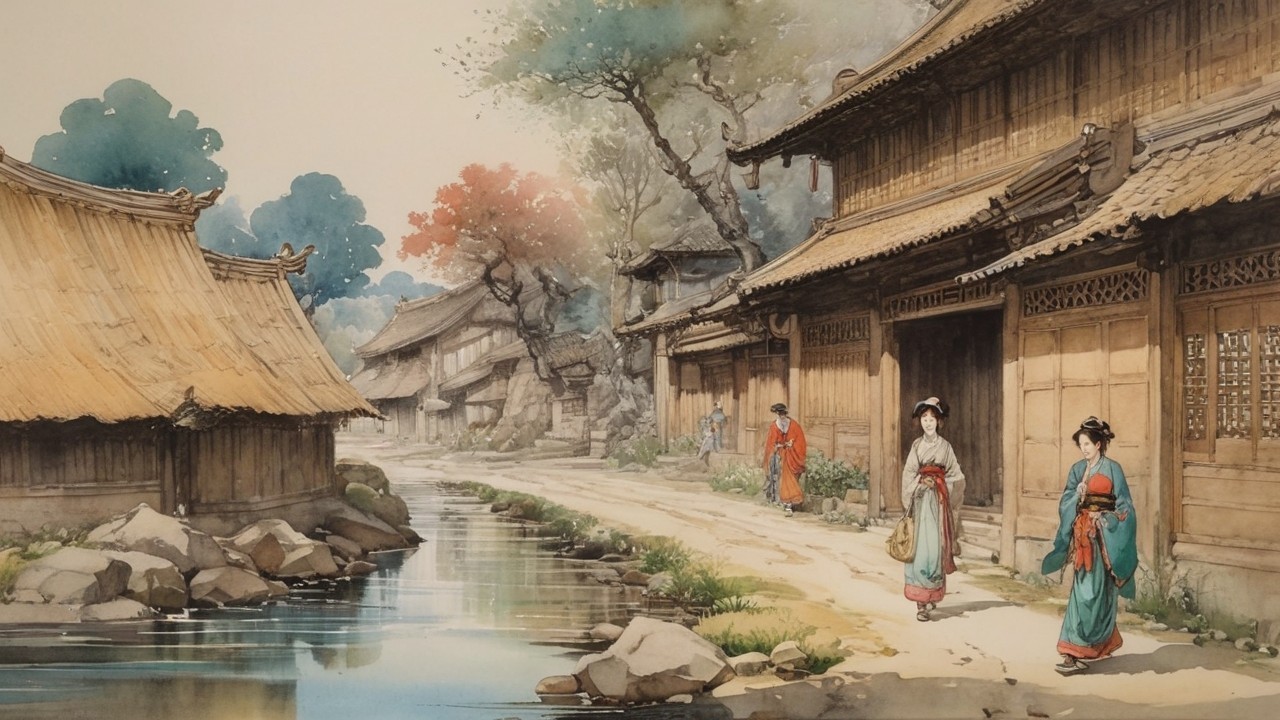 Serene Riverside Village with Traditional Wooden Houses