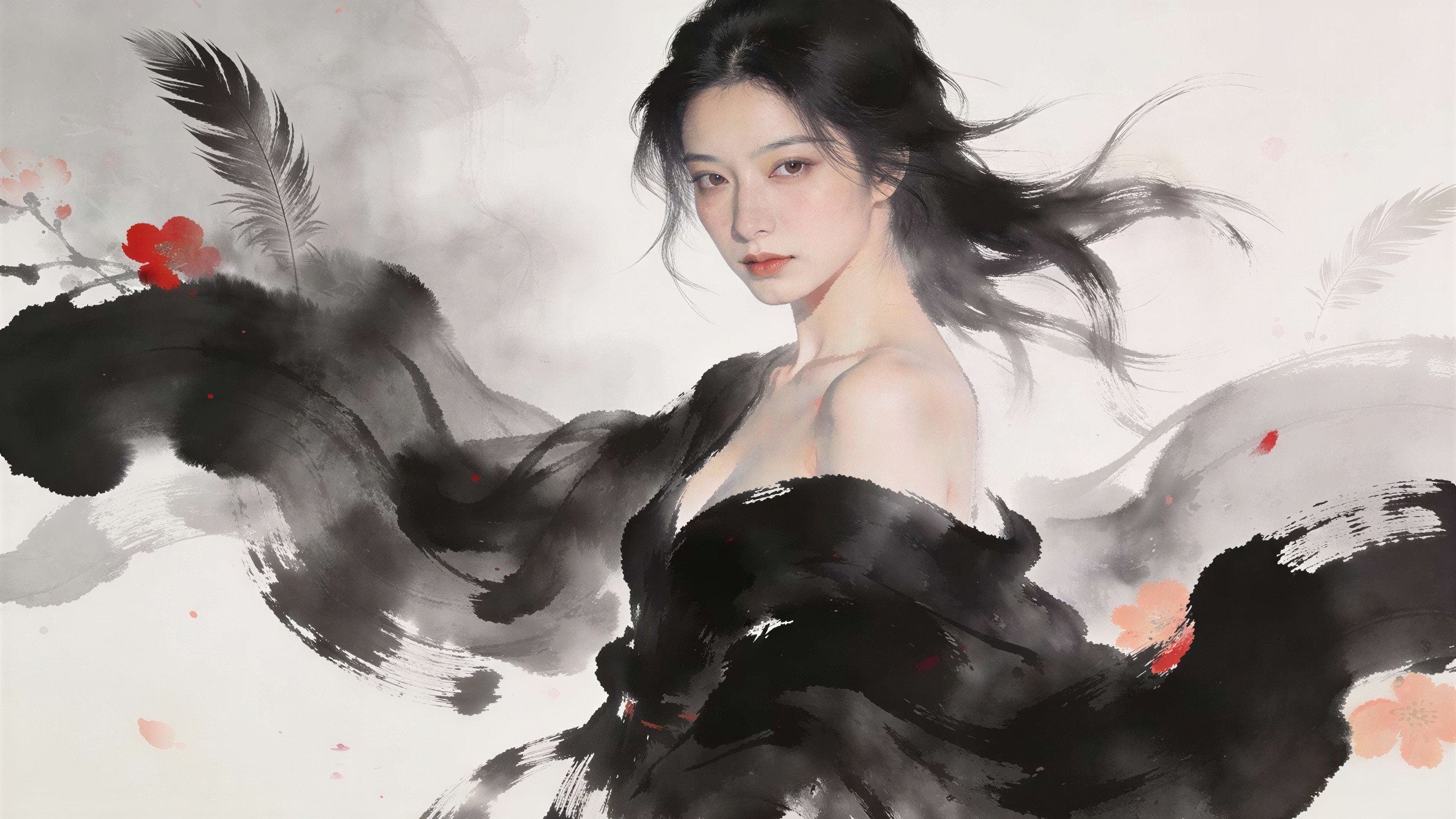 Digital Painting of East Asian Woman in Sumi-e Style