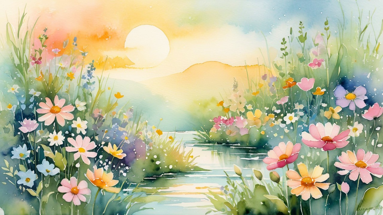 Watercolor Landscape of Sunrise with Wildflowers