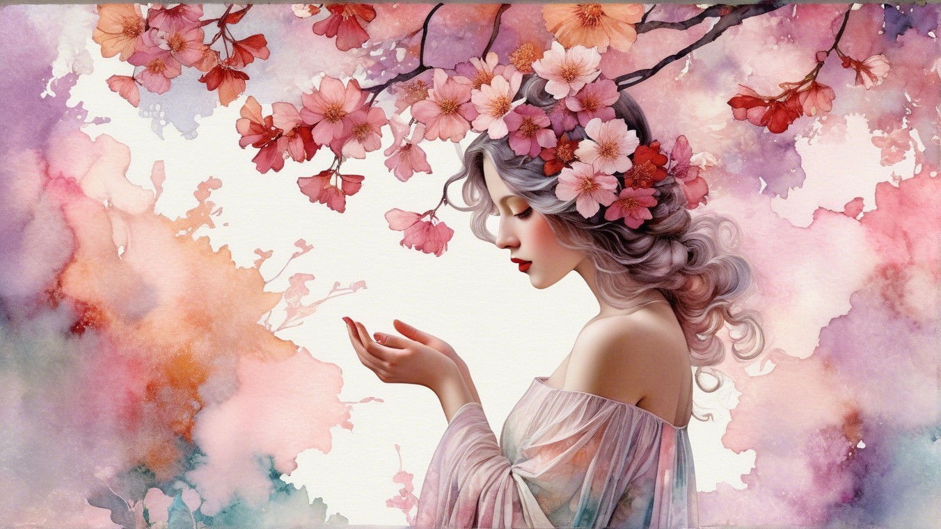Serene Woman with Cherry Blossom Crown and Pastel Hues
