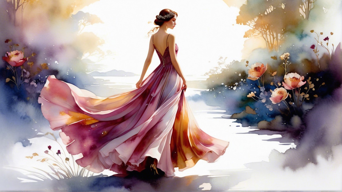 Elegant Woman in Flowing Dress with Watercolor Flowers
