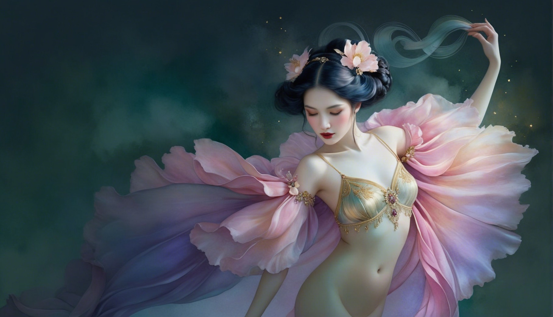 Elegant figure in gold and pastel flowing attire