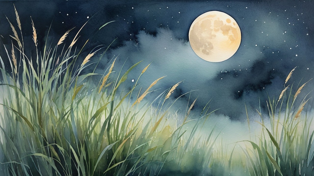 Serene Night Scene with Full Moon and Gentle Grasses