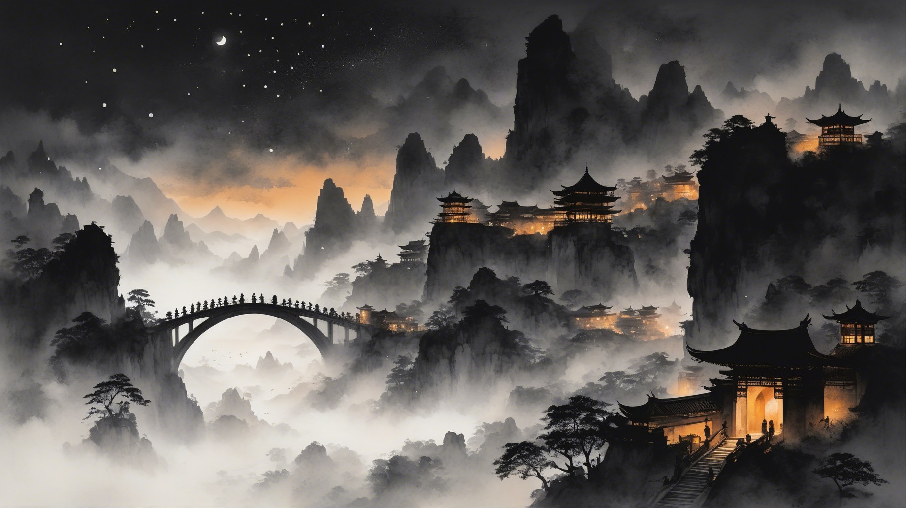 Black and White Serene Mountain Landscape at Twilight