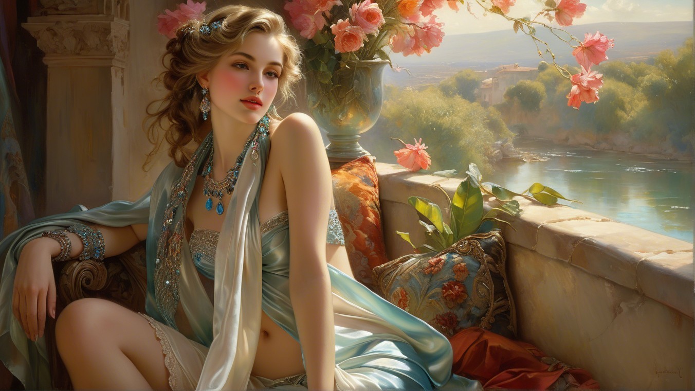 Serene Woman by Flowered Window with River View
