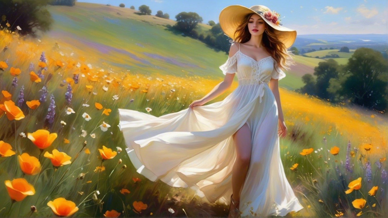 Young Woman in Flower-Filled Meadow with White Dress