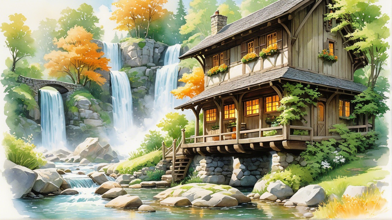 Hillside Cottage by River with Waterfalls and Trees