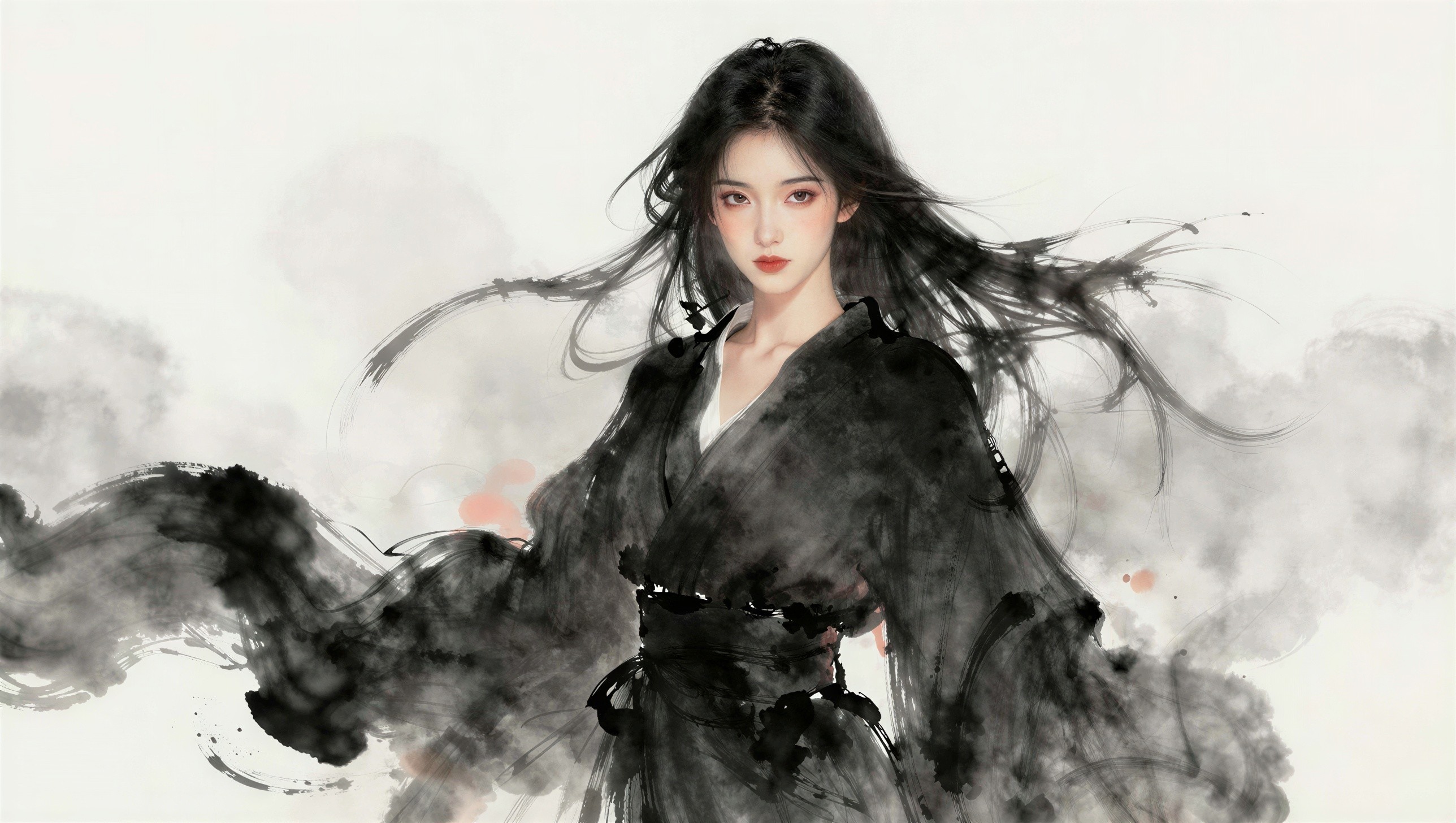 Chinese Watercolor Painting of Woman in Kimono Robe