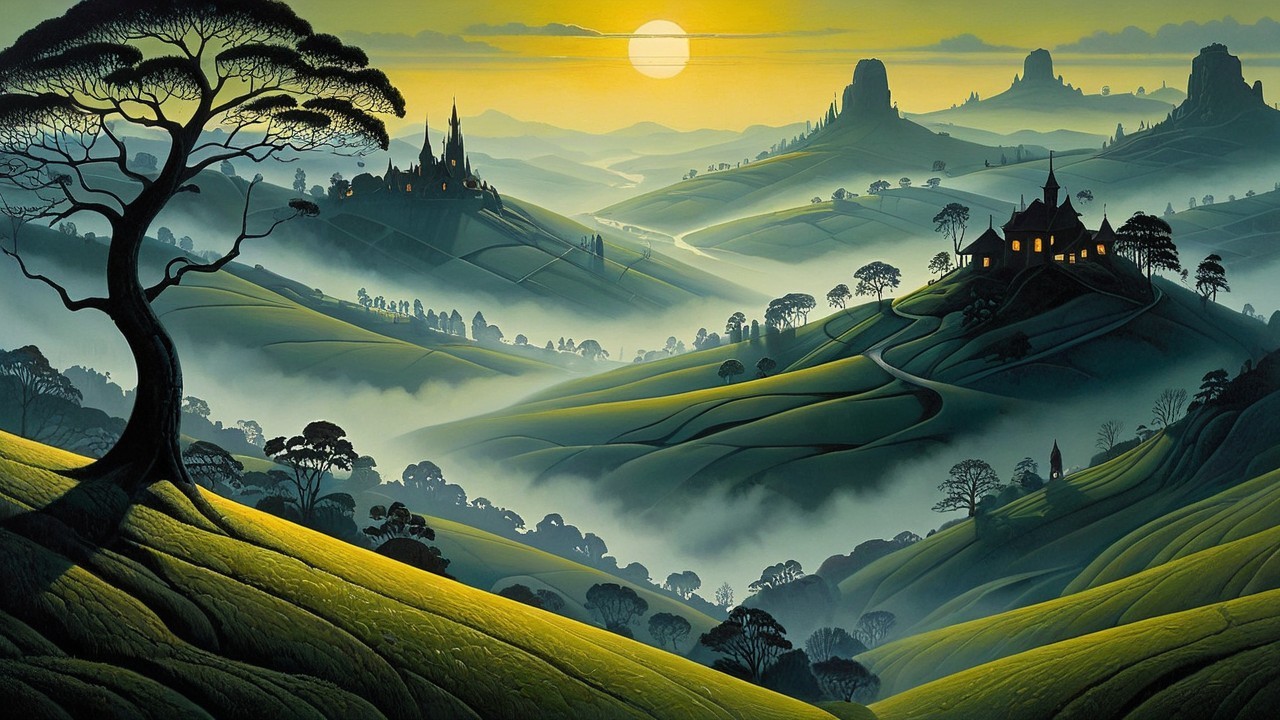 Serene landscape with golden sunrise and castles