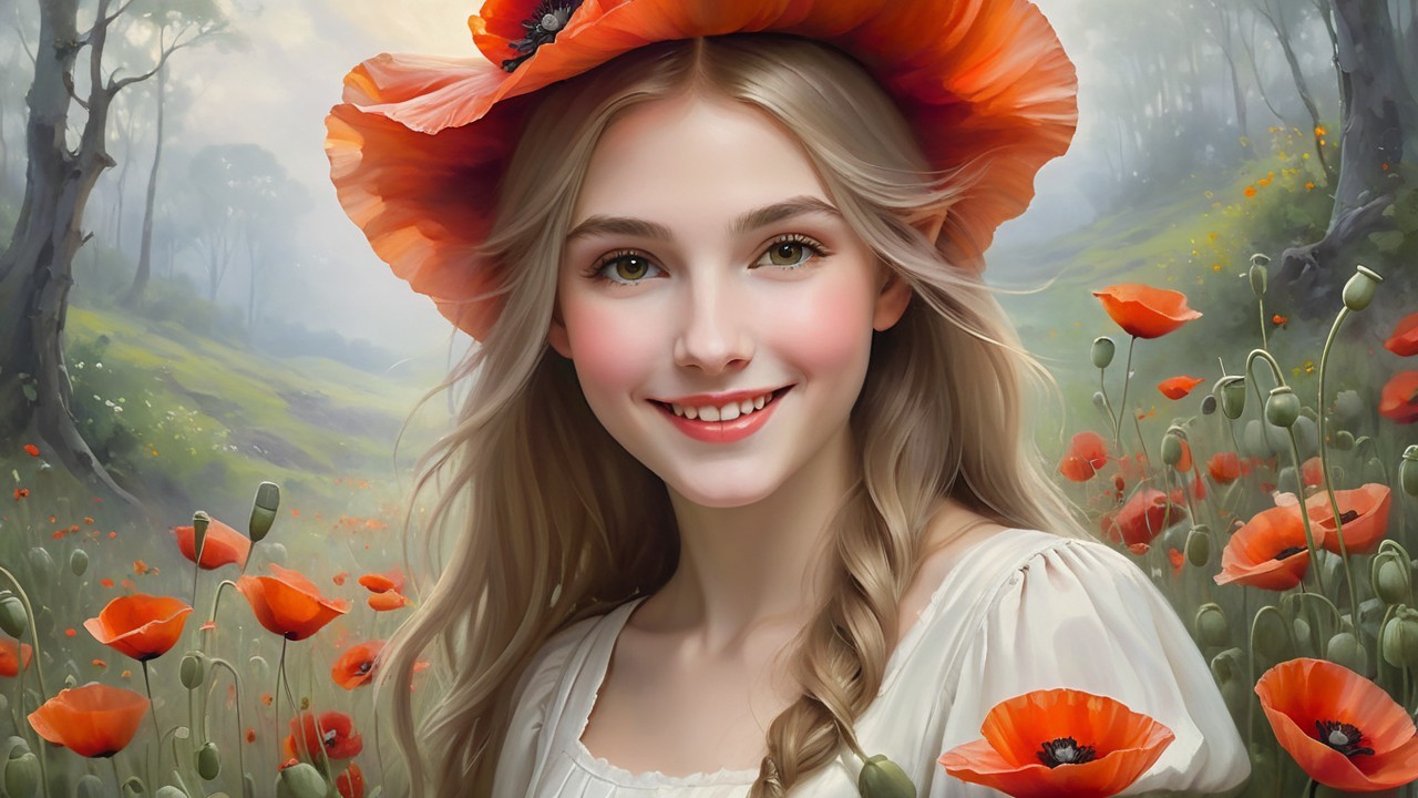 Young woman in poppy hat in blooming meadow