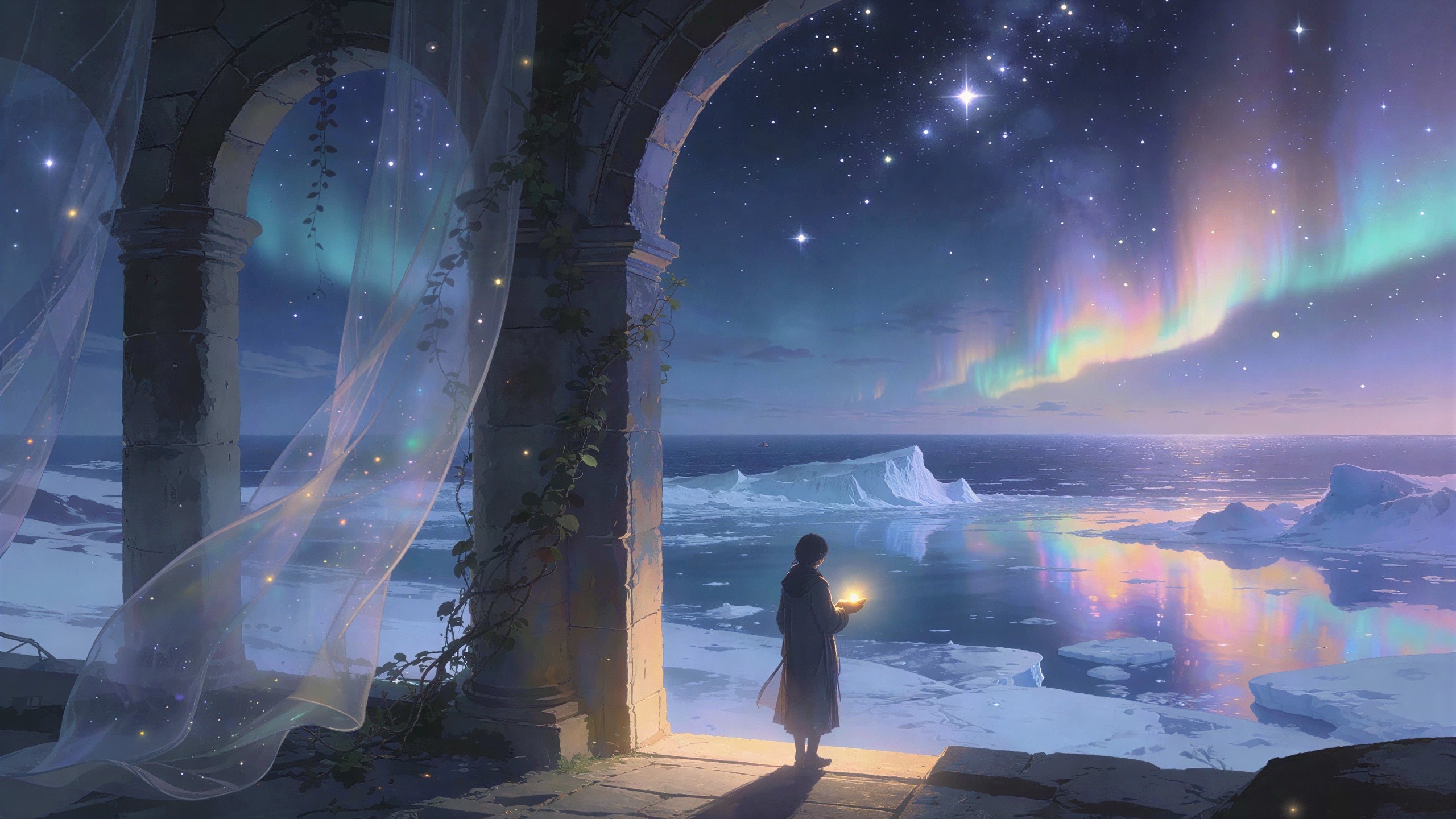 Mysterious Figure in Doorway Overlooking Frozen Sea