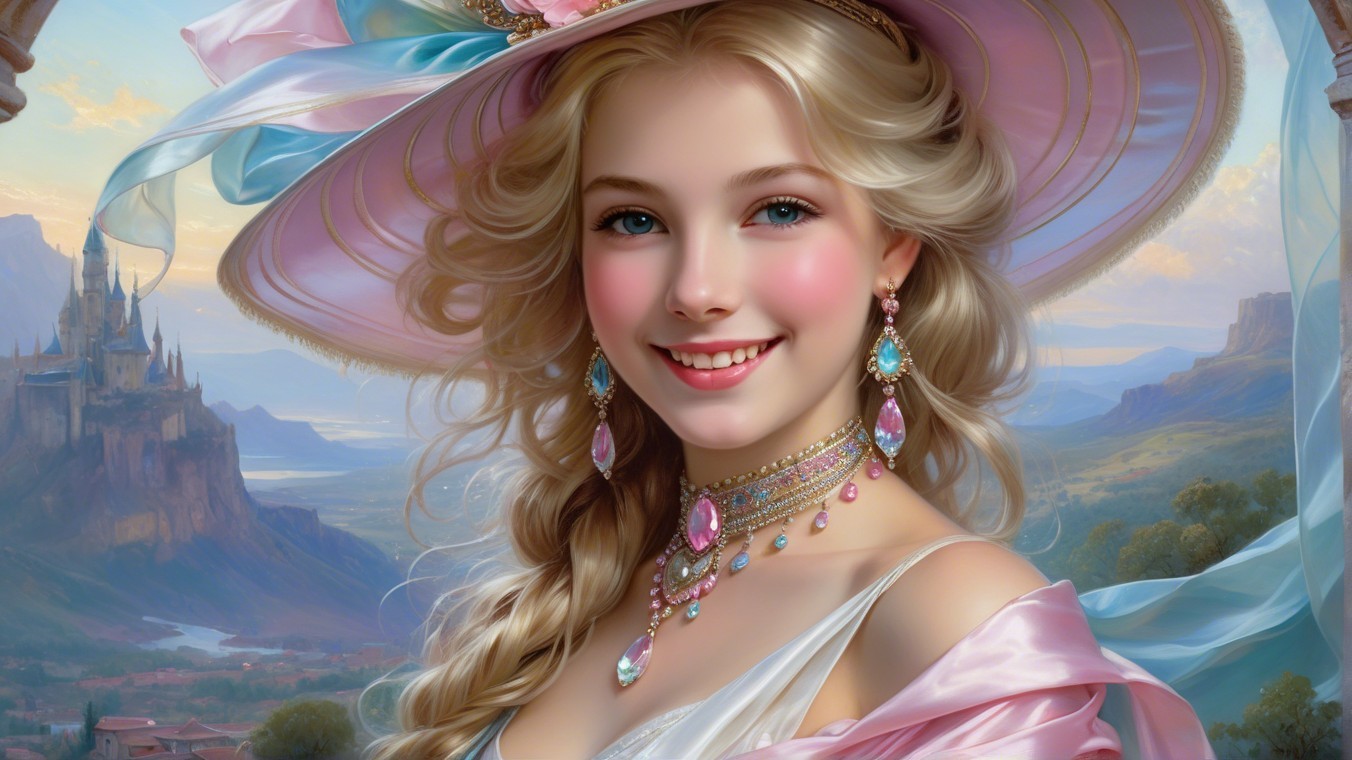 Young Woman in Elegant Pink Hat with Castle Background
